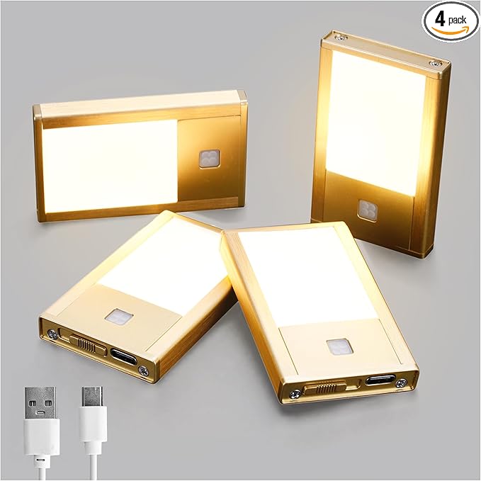 V4light Rechargeable Motion Sensor Night Lights, 4-Pack - Brushed Gold Aluminum Alloy, Ultra-Compact Magnetic Mount, 3000K Warm White Glow, Ideal for Hallways, Bedrooms, Stairs & Nightly Use