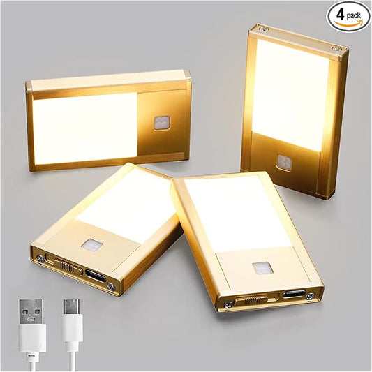 V4light Rechargeable Motion Sensor Night Lights, 4-Pack - Brushed Gold Aluminum Alloy, Ultra-Compact Magnetic Mount, 3000K Warm White Glow, Ideal for Hallways, Bedrooms, Stairs & Nightly Use