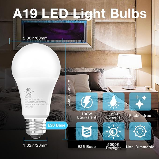 dalattin 24 Pack LED Bulbs Daylight White 5000K, 100 Watt Equivalent A19 Standard Bulbs, E26 Base, 1500 LM, Efficient 15W Energy Saving, Non-Dimmable, 80+ CRI, 120V, UL Listed, for Living Room, Office