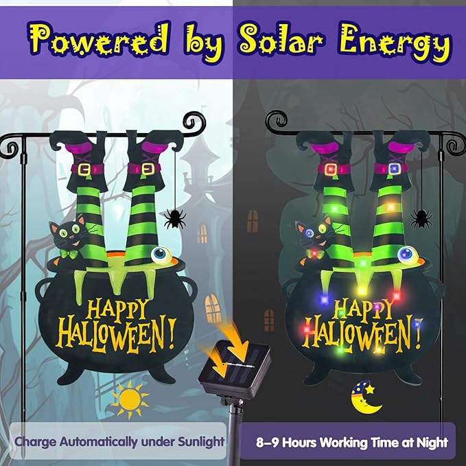 Halloween Lighted Garden Flag for Outside, Led Solar Yard Flag 8 Modes Witch Feet Shape Flag, 28x41 Double Sided Cauldron Eyeball Black Cat Decorations for Home Porch