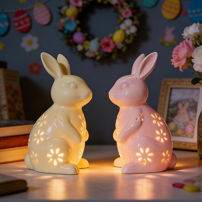 WDS WONDROUS Easter Decorations Light Up Bunny Figurines - 2PCS LED Ceramic Rabbit Statues Decor with Floral Cut-Outs, Glowing Easter Spring Home Decor for Farmhouse Tabletop Shelf Sculpture
