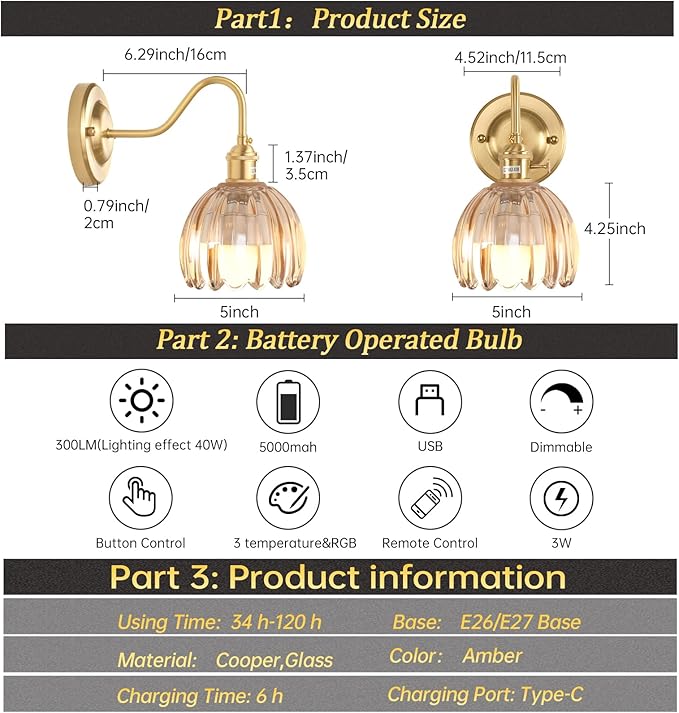 Vintage Battery Operated Wall Sconce, 5000mAh Rechargeable Wall Light, Indoor Battery Powered Wall Lamp for Bedside Bedroom Living Room, Tulip Amber