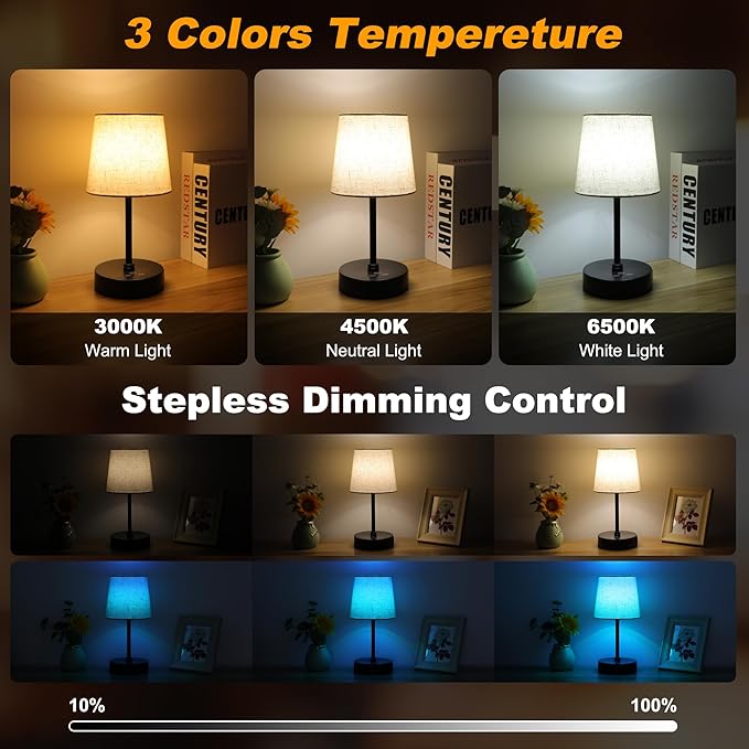 Ascher Small Bedside Table lamp Set of 2, RGB Color Changing Lamps, 3 Color Temperatures, Dimmable Nightstand Lamp with USB C+A Ports, Touch Desk Lamp for Bedroom Living Room, H11.4in(Flaxen Shade)