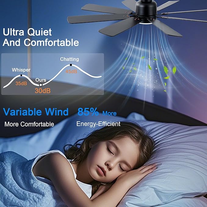 KNUN 52 Inch Ceiling Fan with Light, Low Profile Ceiling Fan with Remote and APP Control, 8 Blades, Noiseless, DC Motor, Flush Mount Ceiling Fans for Bedroom Living Room, Indoor/Outdoor Brown