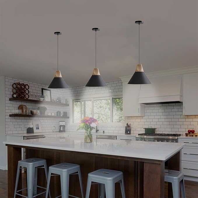 Modern Pendant Light,Solid Wood Matte Black Lampshade Style Ceiling Hanging Lamp,Pendant Lighting for Kitchen Island Dining Room Living Room Bedroom(Black-1 Pack)