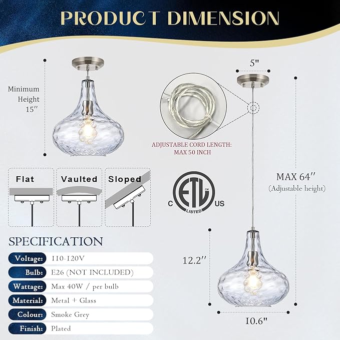 11" Smoked Hammered Glass Pendant Light – Modern Ceiling Hanging Fixture with Brushed Nickel Finish for Kitchen Island, Dining Room, Hallway, Entryway – E26 Base