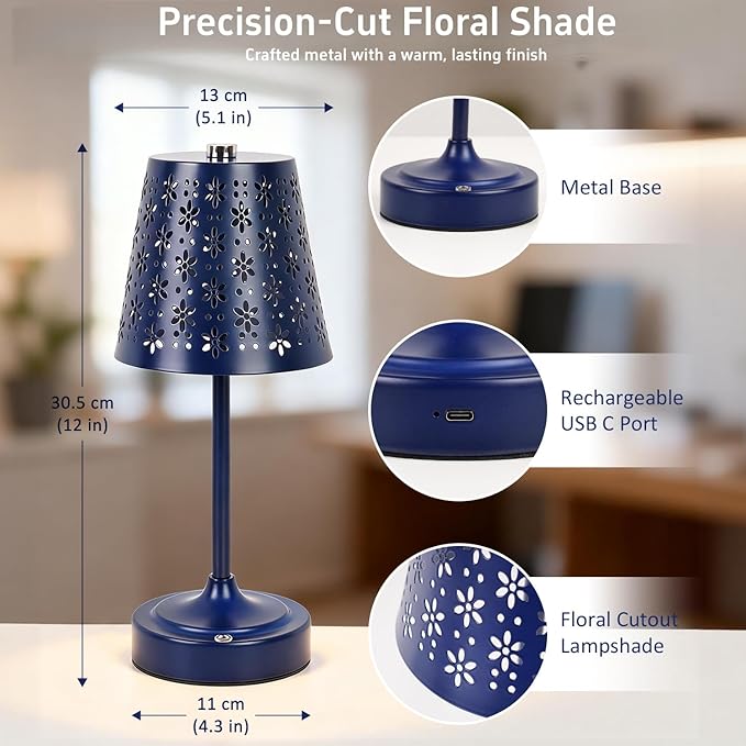 Rechargeable Cordless Table Lamp, Touch Control Battery Powered Bedside Lamp with Floral Cutout Shade, 3 Color Stepless Dimmable Decorative Nightstand Lamp for Bedroom (Navy Blue)