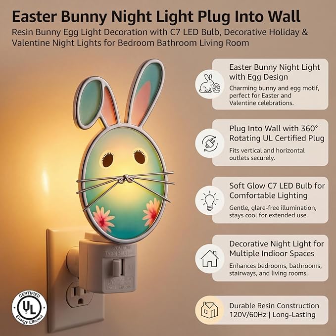 Easter Egg Night Light with Egg Design, Plug in Wall Light with Rotating Plug, Resin Easter Decoration for Bedroom, Bathroom, Hallway, Living Room, Includes C7 LED Bulb