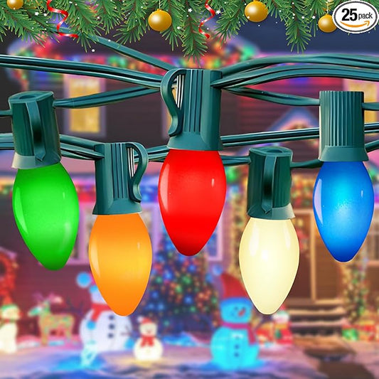 Christmas Decorations - C7 LED Christmas Lights Outdoor, 25Ft Vintage Christmas Lights Multicolor LED Christmas Tree Lights Shatterproof with 25+2 Bulbs for Christmas Tree Home Yard Decor, 0.6W