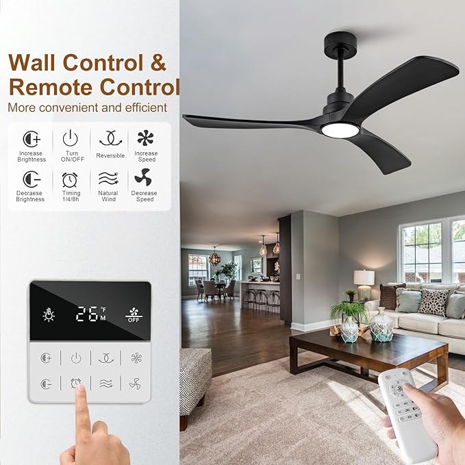 Black Ceiling Fan with Light,52 inch Solid Wood Ceiling Fan, Remote Control,Wall Switch,Dimmable,Reversible Quiet DC Motor,Power Off Memory Modern Ceiling Fans for Bedroom Patio Indoor/Outdoor