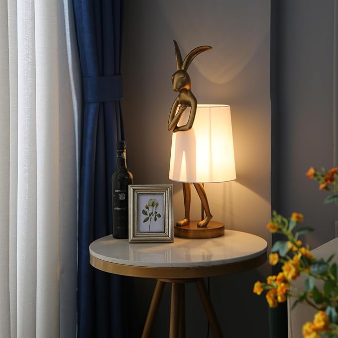 Cute Rabbit Animal Table Lamp,Big Size 25.6", Gold Resin Bunny Decor LED Desk Light,White Linen Shade,Home Eye Protection Lamp Office Study Bedside Small Bunny Light (25.6" White Shade)