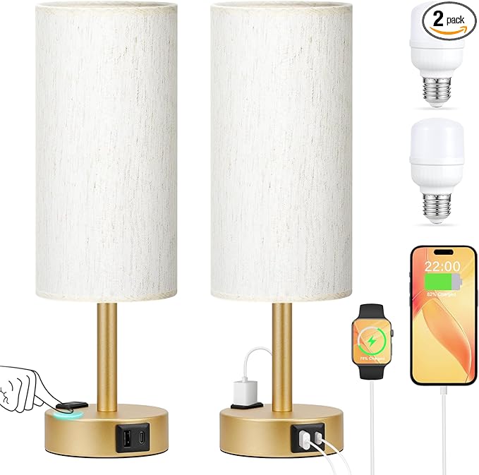 Gold Touch Table Lamps Set - 3 Way Dimmable Bedroom Lamps with USB C and A Ports, Small Lamps for Nightstand with AC Outlet, Gold Base Round Flaxen Shade for Desk, Office, Dorm, Nursery