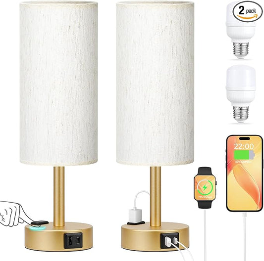 Gold Touch Table Lamps Set - 3 Way Dimmable Bedroom Lamps with USB C and A Ports, Small Lamps for Nightstand with AC Outlet, Gold Base Round Flaxen Shade for Desk, Office, Dorm, Nursery