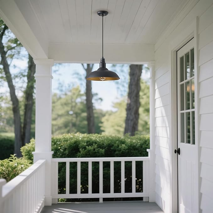Farmhouse Pendant Lights with Large 14 Inch Dome, Barn Style Hanging Light Fixture for Kitchen, Dinning Room, Black Ceiling Mount Lighting for Indoor and Outdoor Use, Height Adjustable