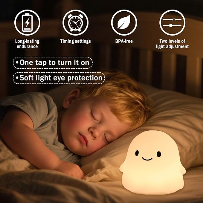 Halloween Ghost Night Light, 50-Hour Battery & Pat Control, Cute Squishy Lamp for Kids Room Decor, USB Rechargeable with Timer, Cute Home Decor