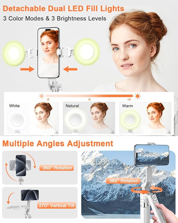 71” Auto Face Tracking Tripod for iPhone with Light,360° Rotating Phone Stand with Rechargeable Remote Control for TikTok Vlog, Phone Tripod for Android Camera/GoPro/Ring Light (White)