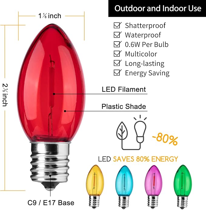 Brightown 25 Pack C9 LED Christmas Light Bulbs, Colored C9 Shatterproof LED Bulbs Replacement for Christmas String Lights, E17 Intermediate Base, Commercial Dimmable Holiday Multicolor Christmas Bulbs