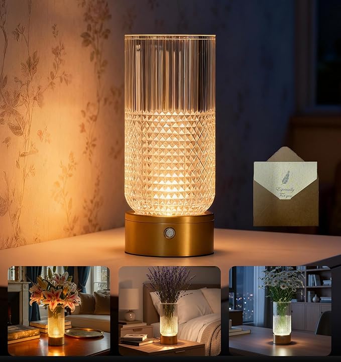 2 in 1 Rechargeable Bedside Lamp & Flower Vase, 3 Color Dimmable Touch Control Cordless Table Lamp, 3600mAh Battery Operated Decorative Lamp for Bedroom Living Room Wedding, Copper Finish