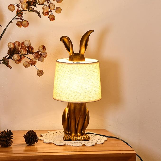YHT Bunny Table Lamp, Cute Animal Rabbit Lamp,15.7" Vintage LED Desk Light with Linen Lampshade,Gold Main Part Beside Lamp for Bedroom, Study Room, Office, Nursery, Home Decor (Linen)