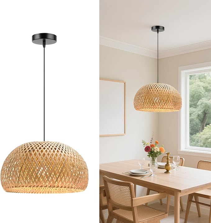Bamboo Pendant Light, 11.02 inch One-Light Boho Basket Handmade Woven Pendant Lighting, Boho Bamboo Chandelier for Bedroom, Kitchen, Living Room