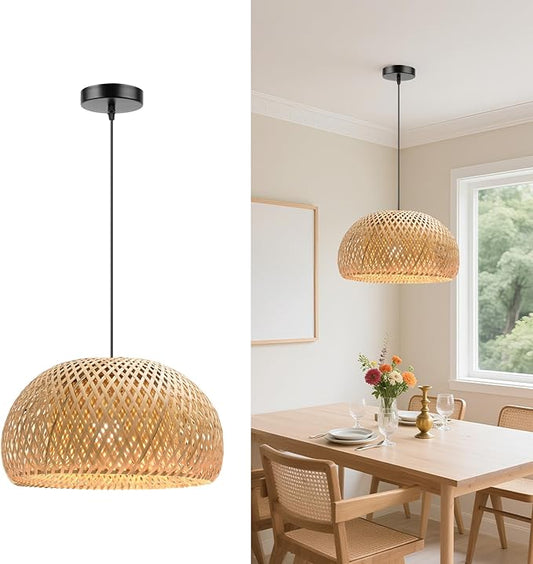 Bamboo Pendant Light, 11.02 inch One-Light Boho Basket Handmade Woven Pendant Lighting, Boho Bamboo Chandelier for Bedroom, Kitchen, Living Room