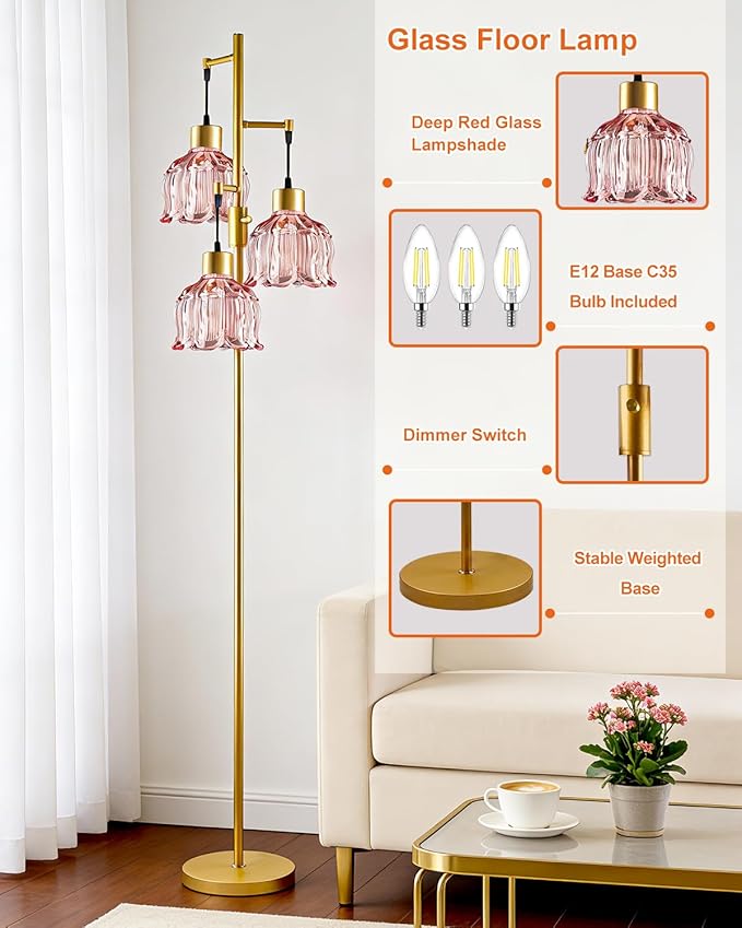 Gold Floor Lamps for Living Room, 3-Light Dimmable Floor Lamp with Rose Red Glass Shade& E12 Bulbs Included, 65'' Mid Century Tall Standing Lamp for Bedroom/Sofa Beside/Corner Decor