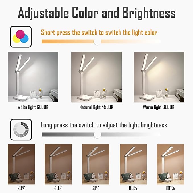 LED Double Head Desk Lamp, Rechargeable Portable Table Lamp, Adjustable Light Color and Brightness, USB Powered, LED Light for Work, Reading, Emergency (Pink)
