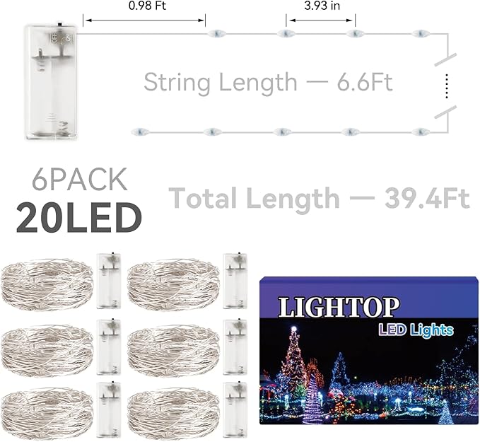 Fairy Light Battery Operated String Lights 6 Pack 20LED Copper Wire Firefly Twinkle Lights Indoor Waterproof for Christmas Halloween,Garden Party, Bedroom, Wedding, Birthday（Cool White）