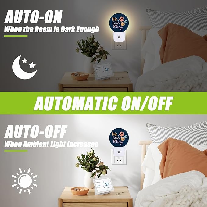 Dog Paw Night Light,Plug-in Night Lights with Dusk-to-Dawn Sensor for Bedroom Bathroom and Living Room Sleep Friendly lamp Life is Better with A Dog