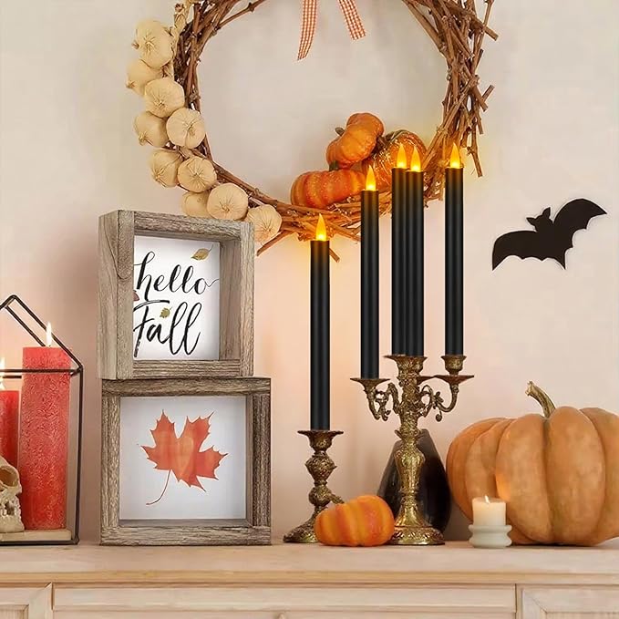 Flameless Taper Candles 10" Dripless Battery Operated Taper Candles Included Remote Timer 400+ Hours by 2AA Batteries for Halloween Christmas Wedding (Black, 12 Pack)