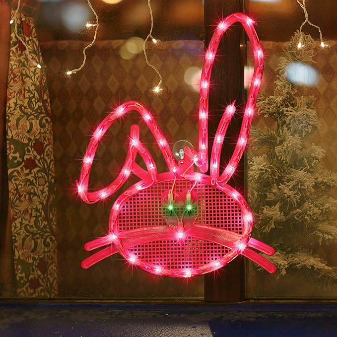 LAMPHOME 17" Lighted Pink Bunny Head Easter Window Silhouette Decoration