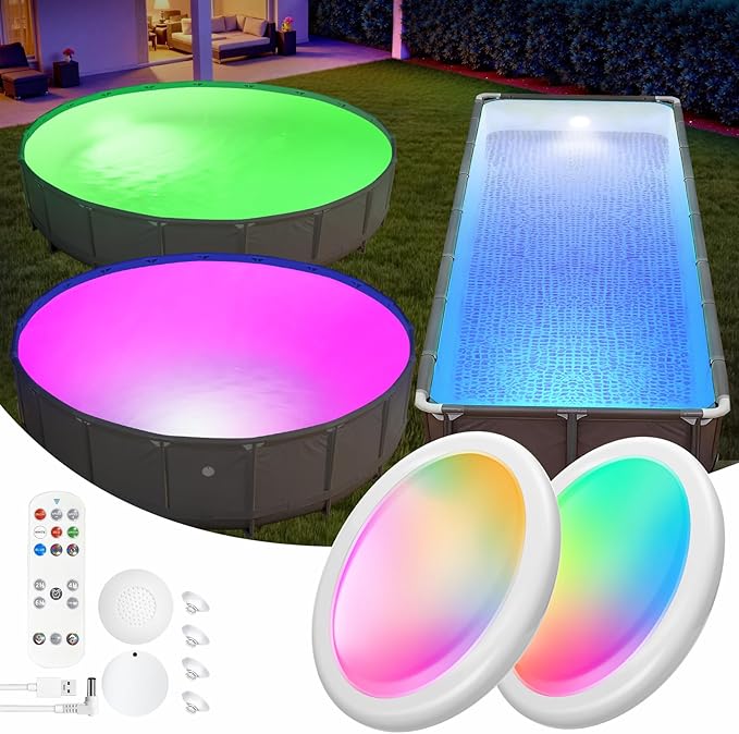 Askyli Pool Lights for Above Ground Pools, Upgraded Rechargeable Dynamic Lighting Inground Pool Lights That Float w/Remote, 16H Runtimes Underwater LED Pools Light with Timer Off for Hot Tub Pond-2PC