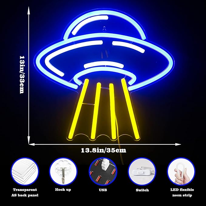 LUCUNSTAR UFO Neon Sign For Room Alien LED Neon Light Spaceship Dimmable Space Neon Signs for Wall Decor Blue UFO Neon Light Up Sign for Bedroom Game Room Wall Decor Ufo Lovers