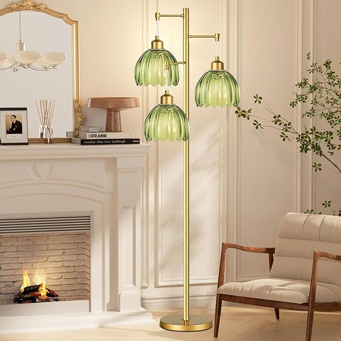 Glass Floor Lamp for Living Room,Bedroom,Gold Mid Century Modern Standing Lamp Brass Tree 3 Light Tall Floor Lamps Vintage Retro Floor Lights Green Flower Lamp Shade Farmhouse Boho Bohemian