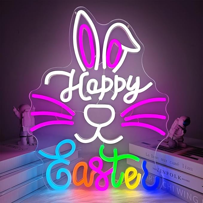 Happy Easter Neon Sign Dimmable Bunny Neon Sign for Wall Decor Led Easter Neon Window Sign, Hanging Neon Light Signs for Party, Bedroom