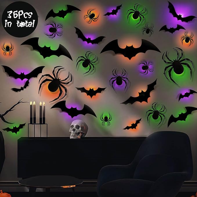 36 Pack Halloween Bat Spider Wall Decor, 3D LED Bat Spider Wall Stickers - 3 Colors - 3 Size - Removable Light up Spiders Bats Wall Decals for Halloween Party, Bedroom Window Decorations