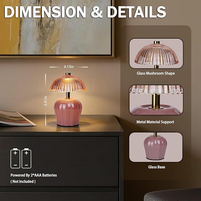 MJ PREMIER Small Cordless Lamp, Battery Operated Lamp with Timer, Mini Crystal Glass Mushroom Lampshade, Cute Small Table Lamps, Decorative Led Light for Bedroom Living Room Shelf (Pink)
