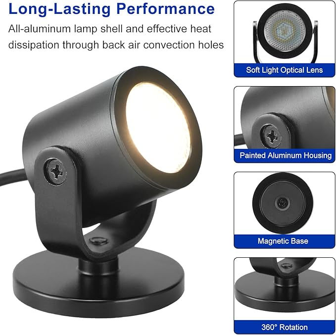 LED Spotlight Indoor 2W USB Powered 360 Degree Rotating Mini Display Accent Light for Pictures Paintings Plants Shelves Cabinet Showcase, 1 Pack Warm White 3000K
