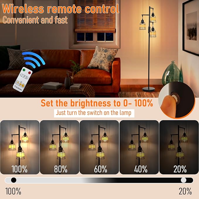 Rattan Boho Rechargeable Cordless Floor Lamp with Remote Dimmable 3 Bulb Edison E26 Brown Warm Light Vintage Standing Lamp for Bedroom,Outdoor,Living Room Rustic,Patio,Farmhouse,60.6" Black
