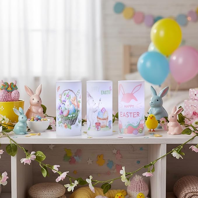 3PCS Easter Flameless Candles with Remote Control,Happy Easter Bunny Flower Rabbit Spring LED Candle Battery Operated for Easter Theme Party Home Decor