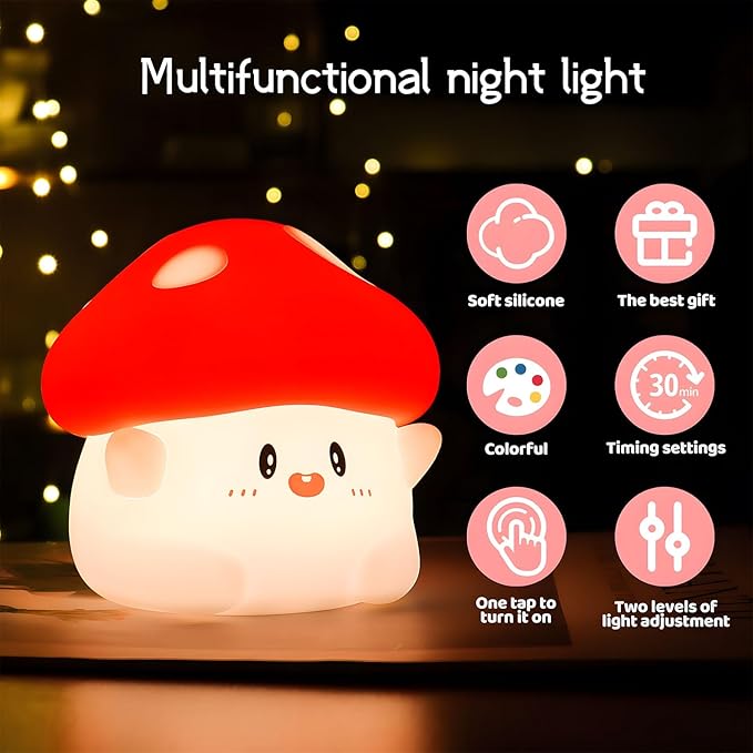Mushroom Night Light Color Changing, 50Hrs Mushroom Lamp, Tap Control 2 Brightness & Timer, Rechargeable Squishy Night Lamp for Kids Adults, [Easter Gifts]