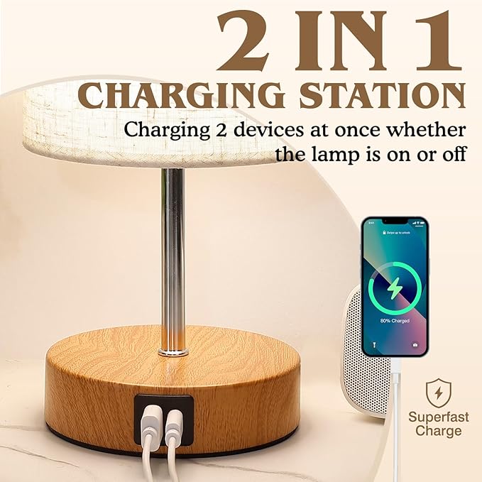 Bedside Table Lamp for Bedroom - 4 Way Dimmable Touch Lamp with USB and Type-C Charge Port, Small Wood Base Round Flaxen Fabric Shade Lamp Living Room,Bedroom Use(Yellow Color Base)