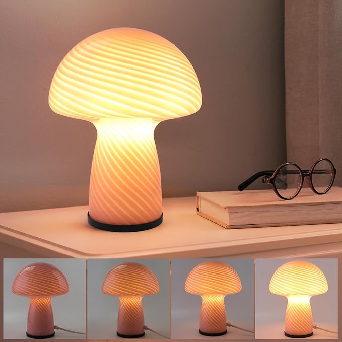 Mushroom lamp,Dimmable Glass Table Lamp,Vintage Style Table Lamp,Stripe Pink Bedside Desk lamp,Cute Table Lamps.（LED Bulbs Included）