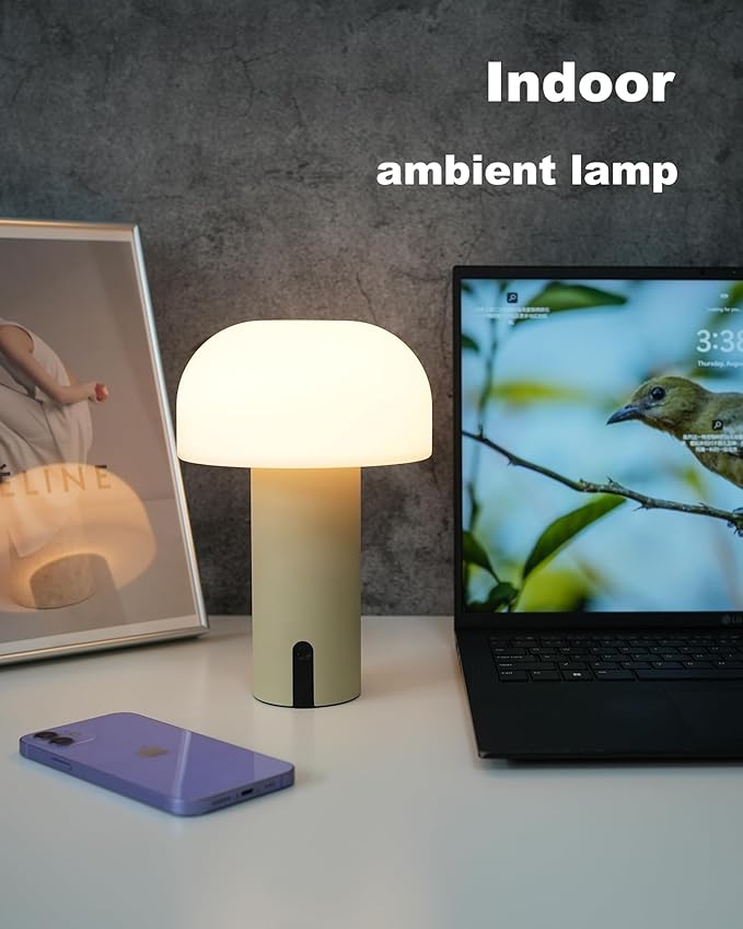Cordless Mushroom Table Lamp, Waterproof Shower Lamp, Battery Operated Table Lamp Rechargeable, Touch Dimmable Night Light for Bedroom/Patio/Camping/Dinning/Outdoor (Khaki)