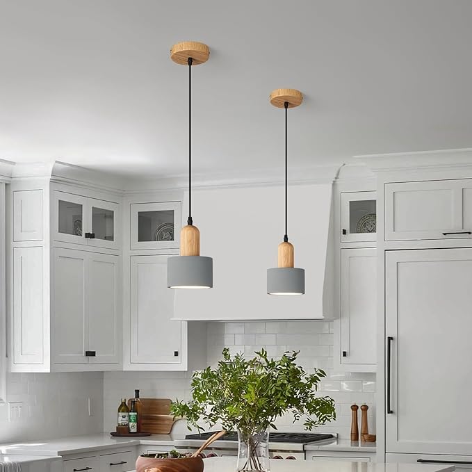 Modern Cement Pendant Lights Grey Chandelier Wooden Ceiling Lamps for Kitchen Island Bedroom Dining Room Living Room bar（3 Pack）