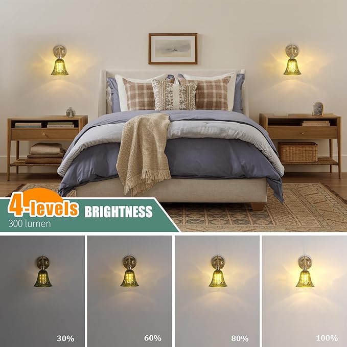 Battery Operated Wall Sconce Set of 2, Vintage Rechargeable Wall Lights with Green Morning Glory Glass Shade, Wireless Indoor Wall Lamp with Remote for Bedroom Living Room Bathroom