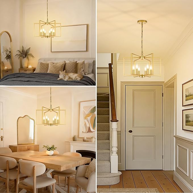 6 Light Gold Chandelier, Dining Room Light Fixture, Modern Farmhouse Industrial Metal Geometric Ceiling Light Rustic Hanging Pendant Lights with E12 base for Kitchen Island Entryway Foyer, Indoor