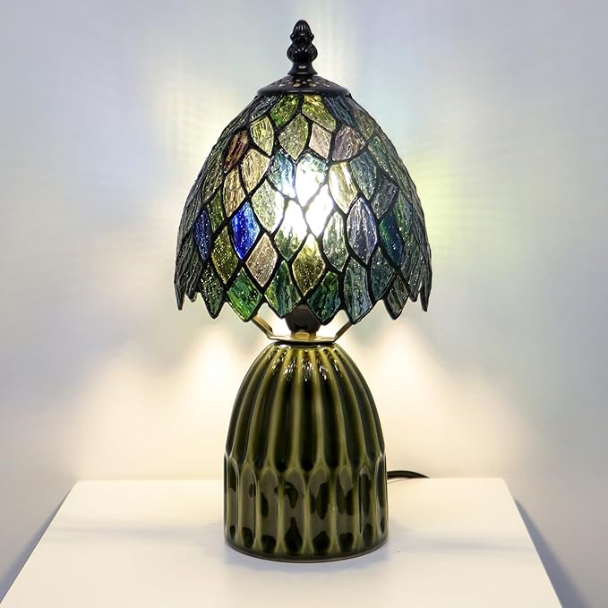 Tiffany Lamp Stained Glass Mushroom Table Lamps 6X6X12.5 Inch Multicolor Leafage Style Small Night Light Ceramic Base Mini Accent Desk Light Suitable for Bedside Table Bedroom Children Room