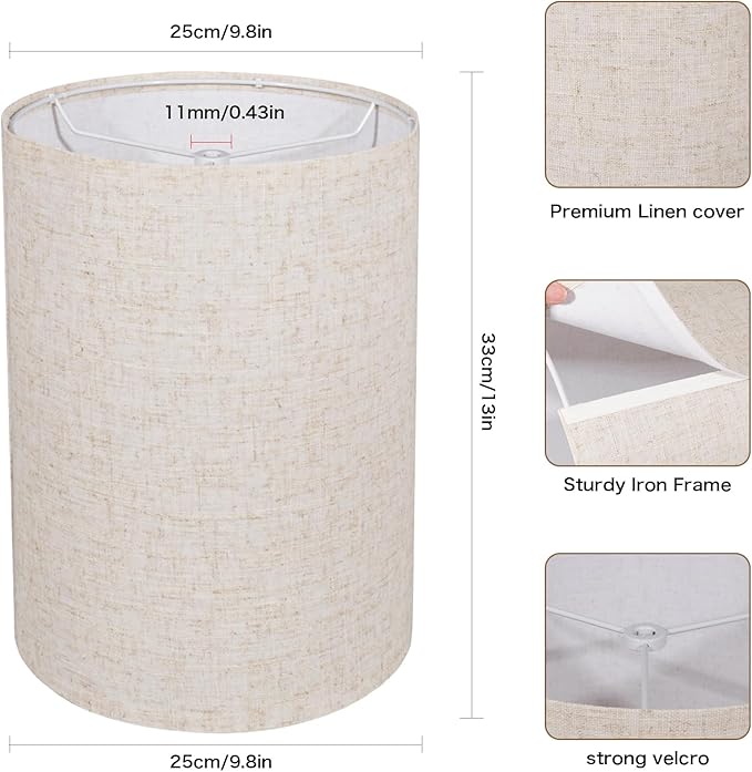 Tall Drum Lamp Shade for Table Lamps, Floor Lamp, Cloth Lampshade 10" Top X 10" Bottom X 13" High, Beige Large Line Fabric, Easy Assembly
