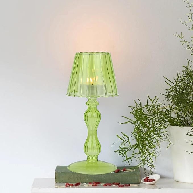 Desk Lamp Shaped Glass Candle Holder - Glass Hurricane Candleholder Crystal Decorative Candle Stand for Table Wedding Dinning Centerpieces Party Supplies Decor Grass Green